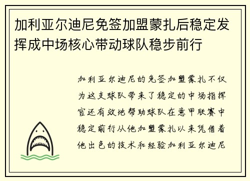 加利亚尔迪尼免签加盟蒙扎后稳定发挥成中场核心带动球队稳步前行